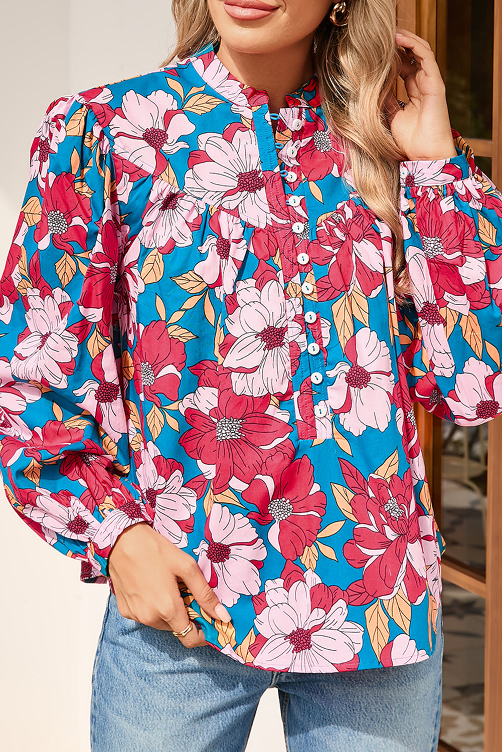 Red Floral Print Balloon Sleeve Half Buttons Blouse
