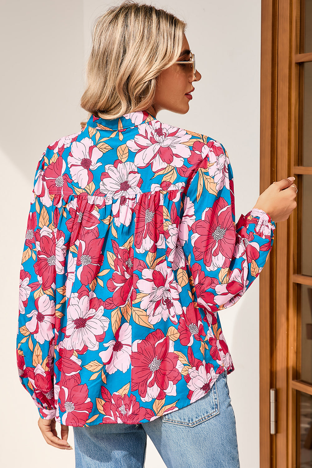 Red Floral Print Balloon Sleeve Half Buttons Blouse