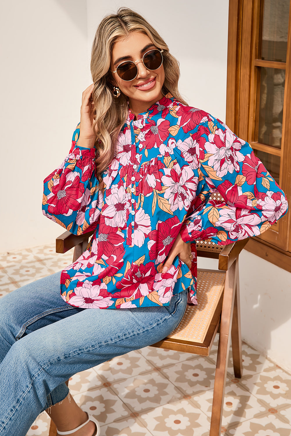 Red Floral Print Balloon Sleeve Half Buttons Blouse