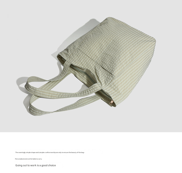 Light Green Stylish Lightweight Seersucker Gingham Tote Bag - Spacious Multi-Pocket Shoulder Bag with Zipper