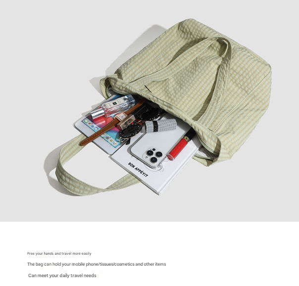 Beige Stylish Lightweight Seersucker Gingham Tote Bag - Spacious Multi-Pocket Shoulder Bag with Zipper