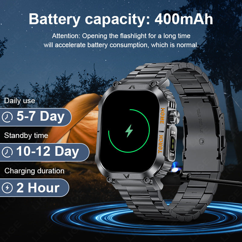 Smartwatch with Flashlight, Compass & Wireless Calling - Health & Fitness Tracker(Black silicone with black case)