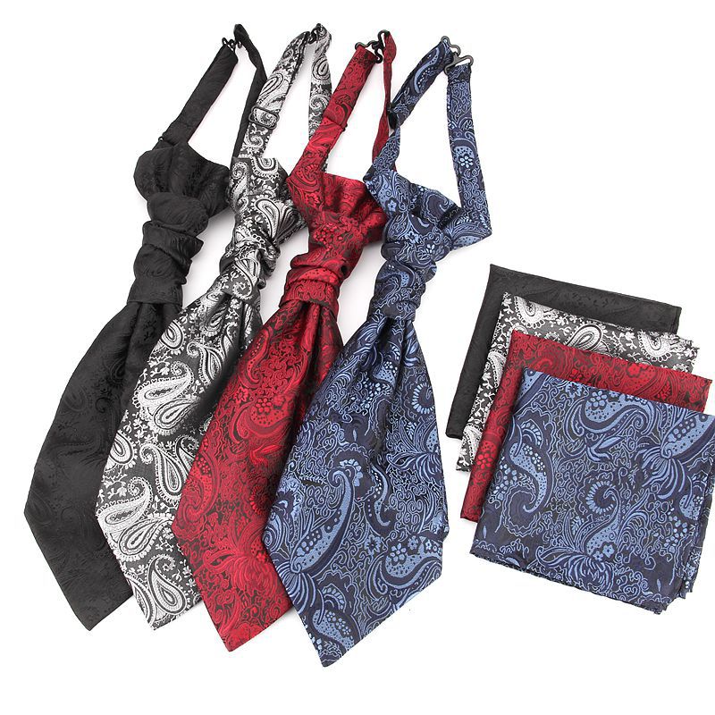 Men's Formal Paisley Ascot Cravat & Pocket Square Set - Adjustable Necktie for Weddings(Light Gray )