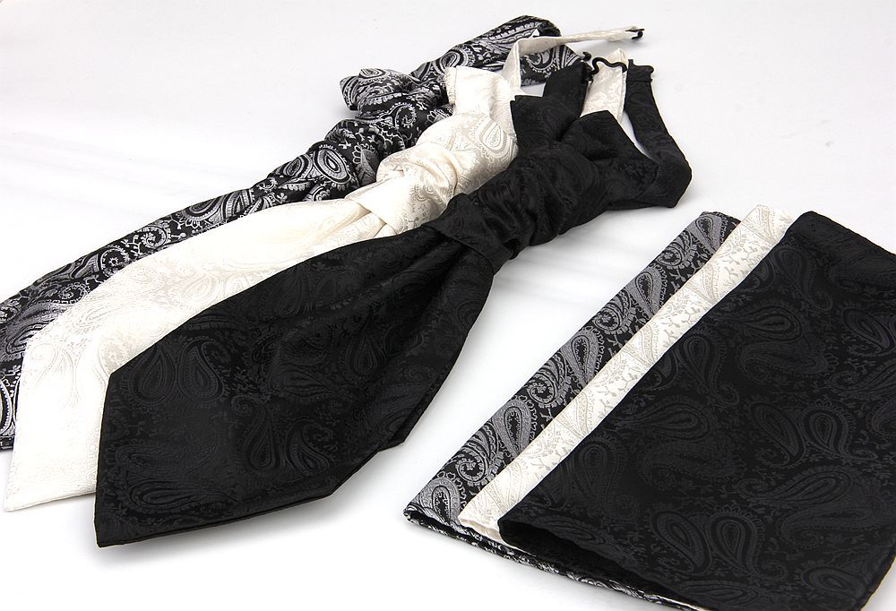 Men's Formal Paisley Ascot Cravat & Pocket Square Set - Adjustable Necktie for Weddings(Light Gray )