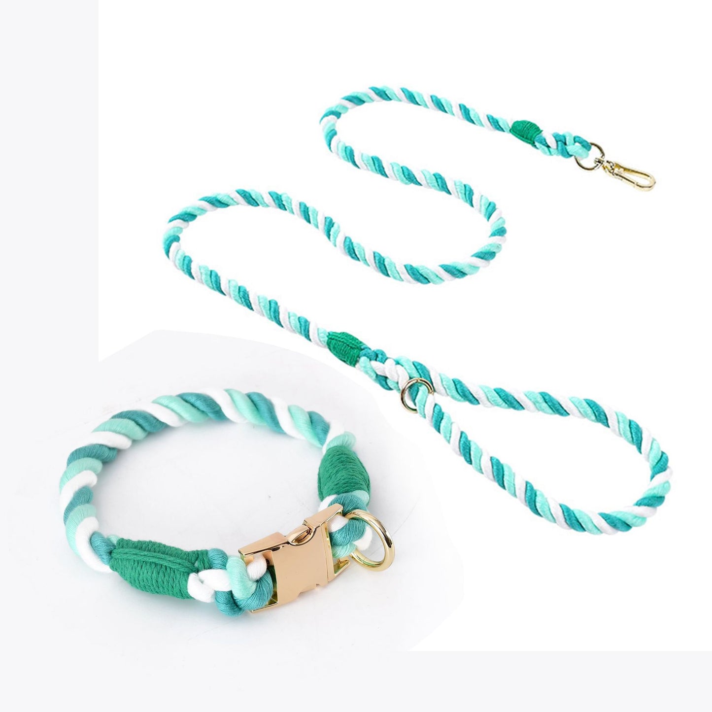 Handmade Gradient Rope Dog Collar & Leash Set - Colorful Braided Cotton (Light green - Size S)