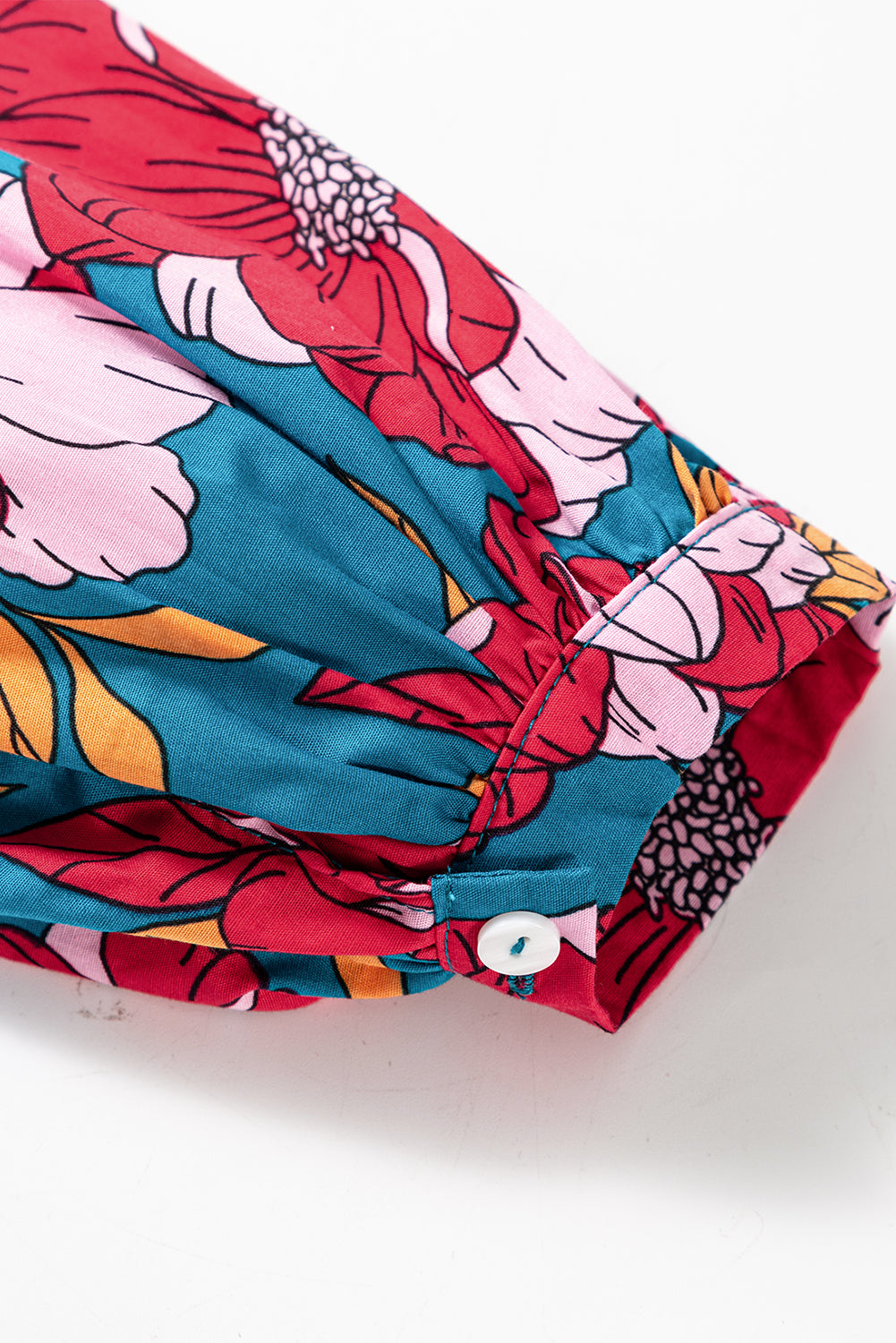 Red Floral Print Balloon Sleeve Half Buttons Blouse