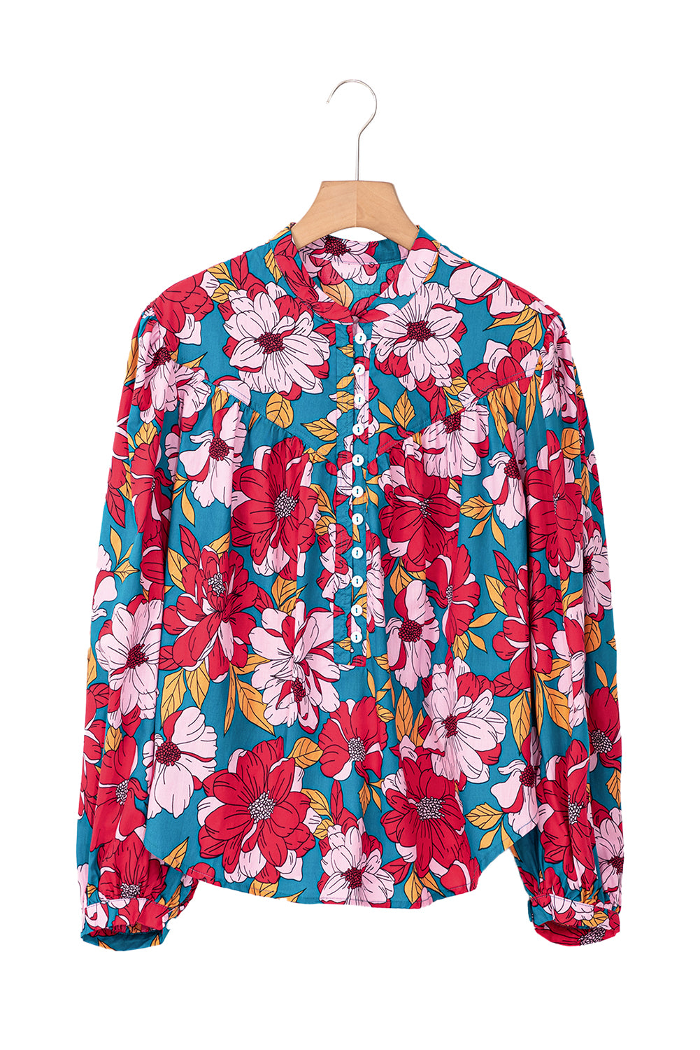 Red Floral Print Balloon Sleeve Half Buttons Blouse