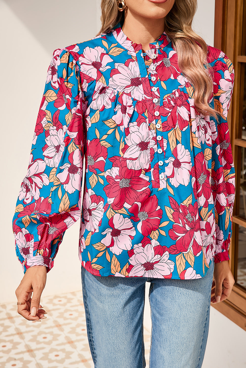 Red Floral Print Balloon Sleeve Half Buttons Blouse