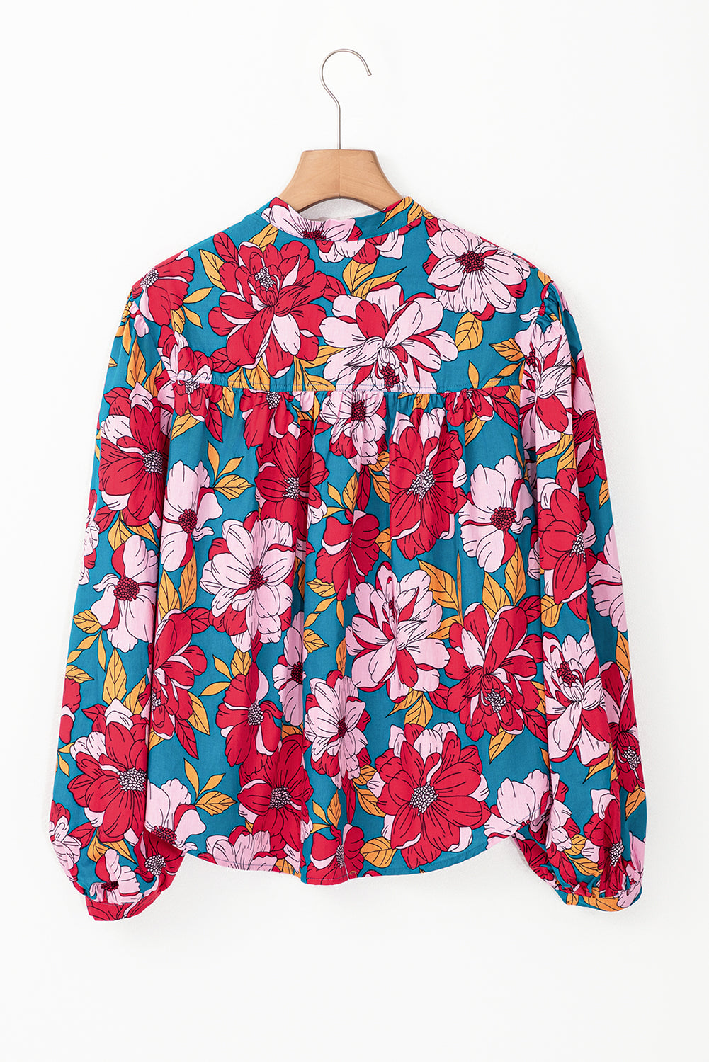Red Floral Print Balloon Sleeve Half Buttons Blouse