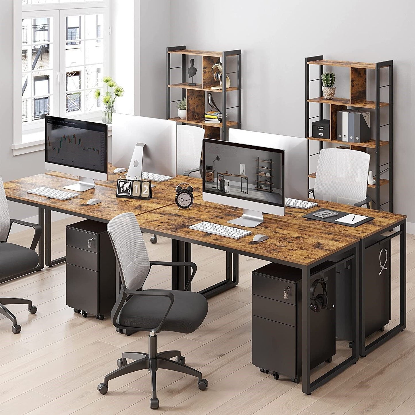 Home Office Desk with 8 Hooks 140 x 60 x 75 cm Rustic Brown & Black Computer PC