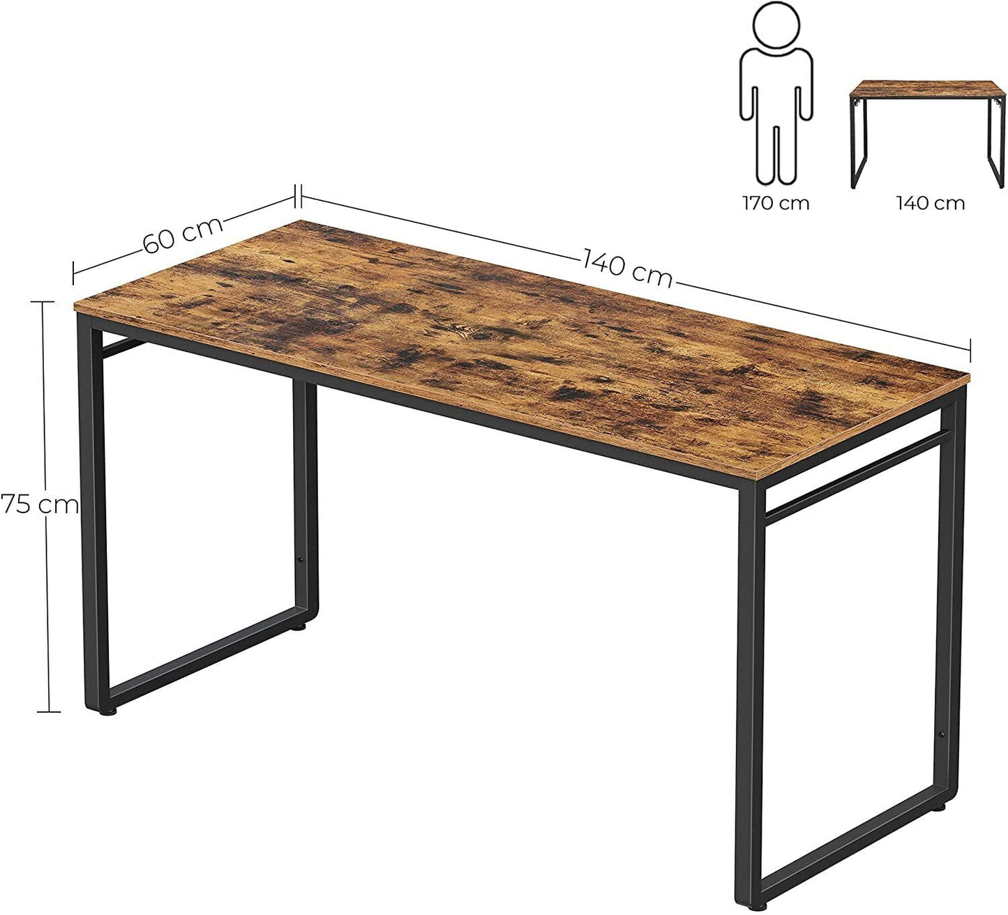 Home Office Desk with 8 Hooks 140 x 60 x 75 cm Rustic Brown & Black Computer PC