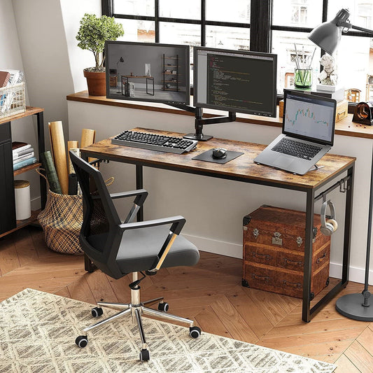 Home Office Desk with 8 Hooks 140 x 60 x 75 cm Rustic Brown & Black Computer PC