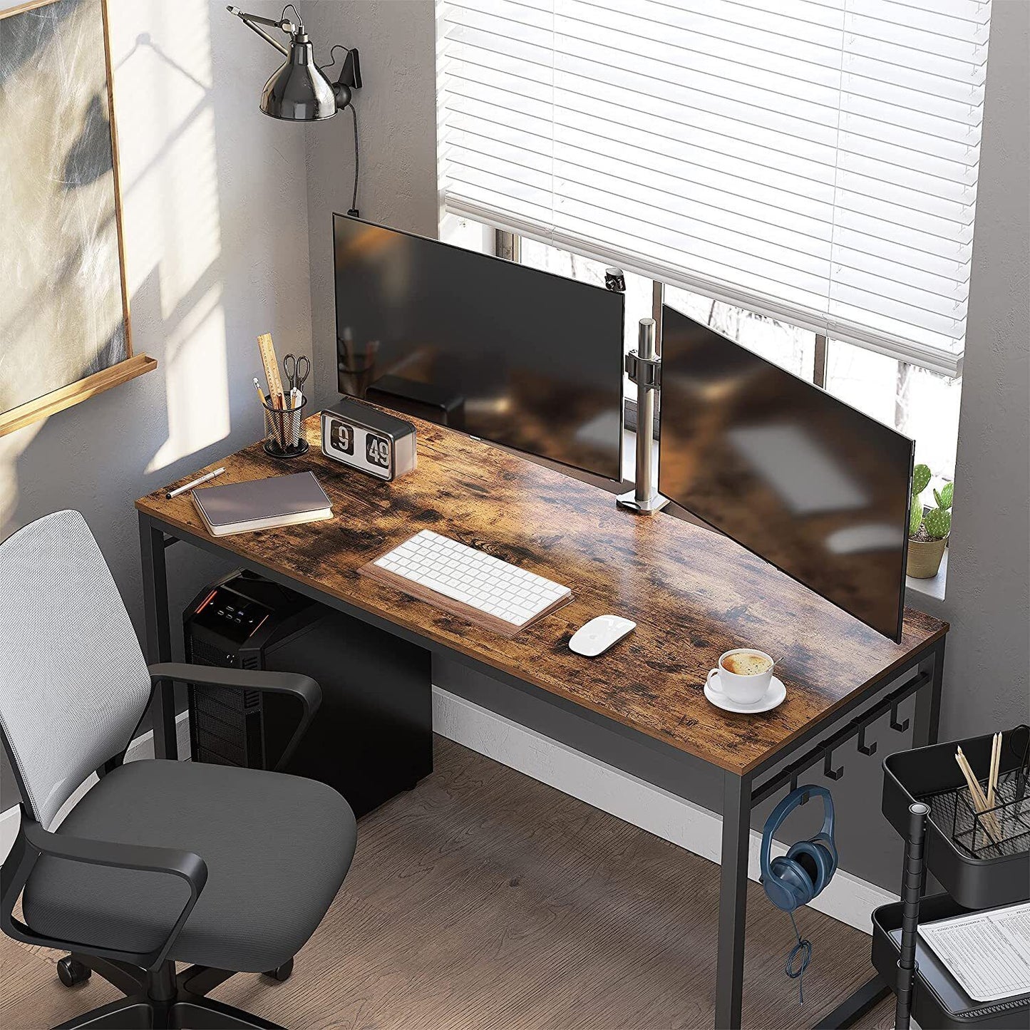 Home Office Desk with 8 Hooks 140 x 60 x 75 cm Rustic Brown & Black Computer PC