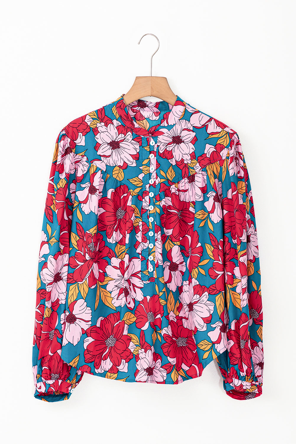 Red Floral Print Balloon Sleeve Half Buttons Blouse