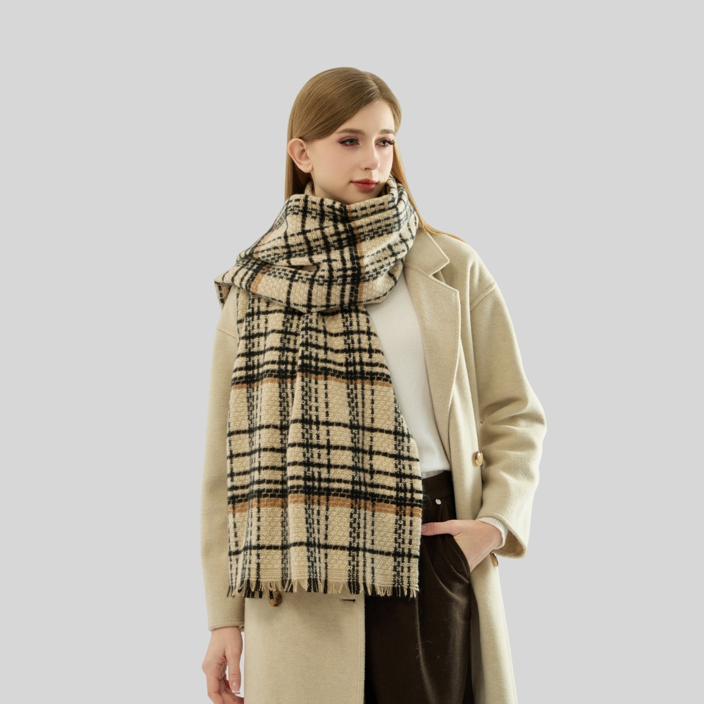 Green Chic Plaid Winter Scarf - Large Soft Polyester Shawl Wrap with Tassels, Korean Inspired Fashion