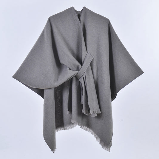 Grey Elegant Soft Knit Poncho Cape - Warm Autumn Winter Shawl Wrap with Side Tie, Thick & Luxurious Feel