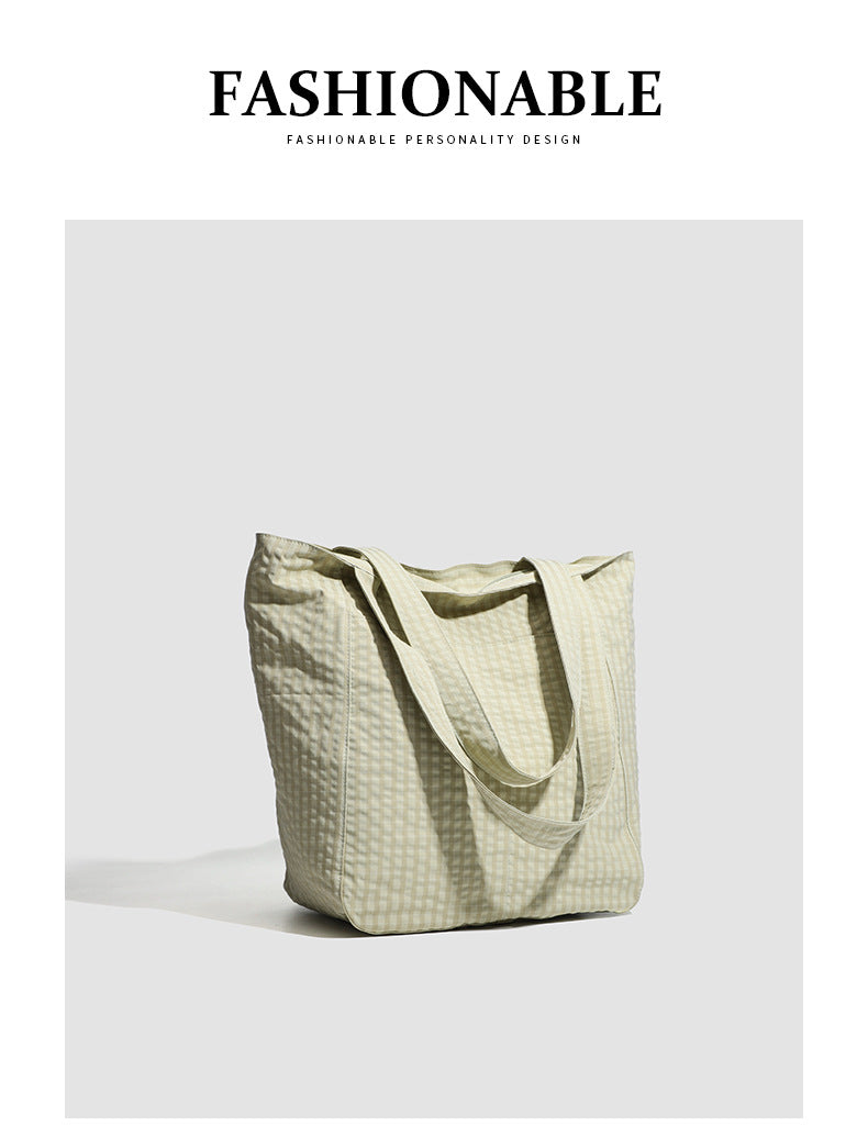 Brown Stylish Lightweight Seersucker Gingham Tote Bag - Spacious Multi-Pocket Shoulder Bag with Zipper