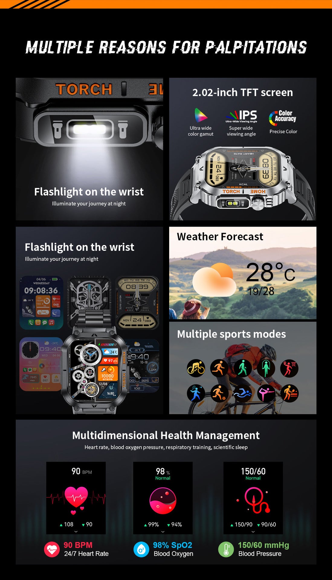 Smartwatch with Flashlight, Compass & Wireless Calling - Health & Fitness Tracker(Black silicone with black case)