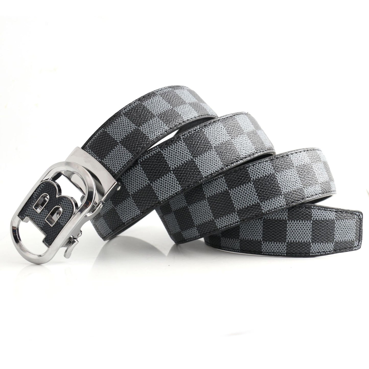 Luxury Designer Style PU Leather Belt,Automatic Buckle(B-patterned coffee-colored belt + gold buckle)