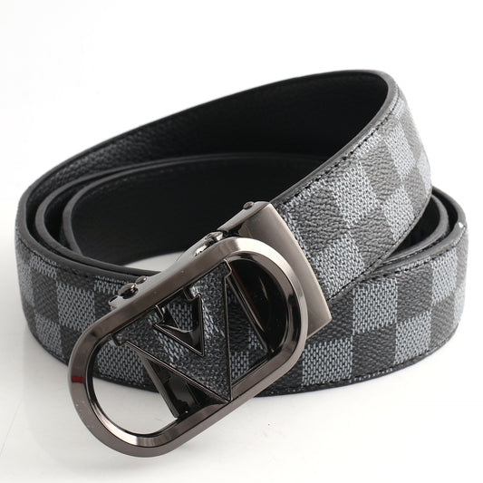 Luxury Designer Style PU Leather Belt,Automatic Buckle(V-patterned black-gray belt + gray buckle)