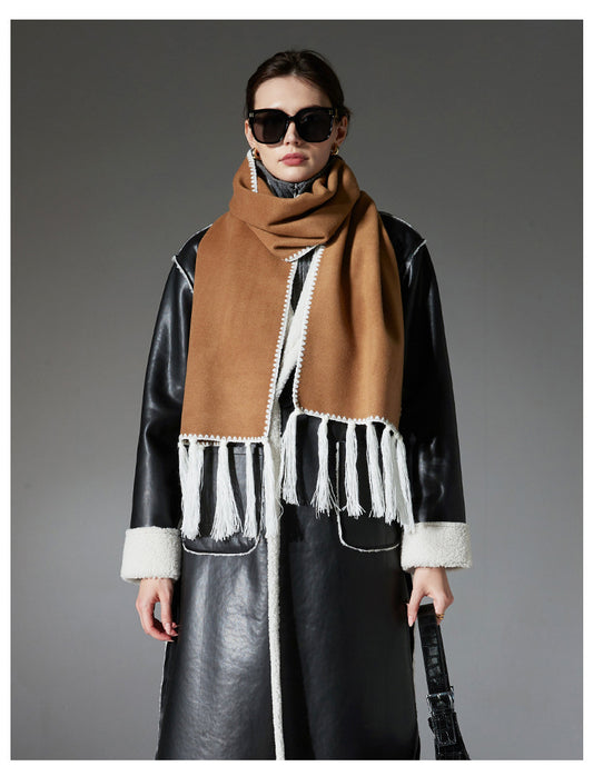 Camel Contrast Edge & Tassel Scarf - Chic Autumn/Winter Neckwear (190x30cm)