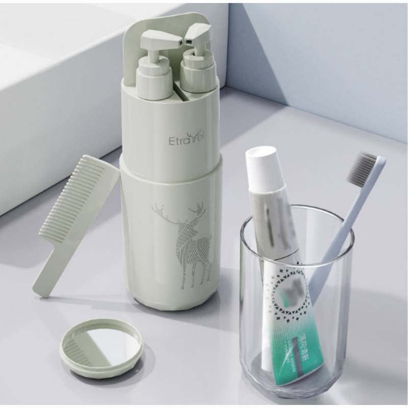 Blue Deluxe 8-in-1 Travel Toiletry Set - Portable All-in-One Toothbrush Holder, Wash Cup, Towel and 2 * Refill Bottles for Travel & Camping