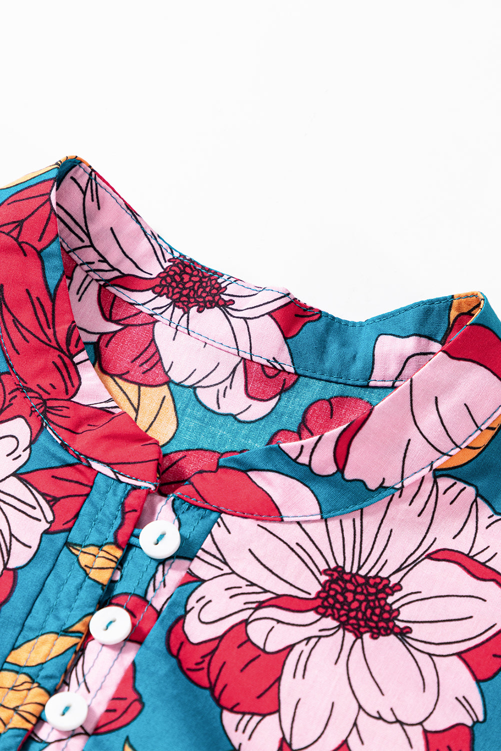 Red Floral Print Balloon Sleeve Half Buttons Blouse