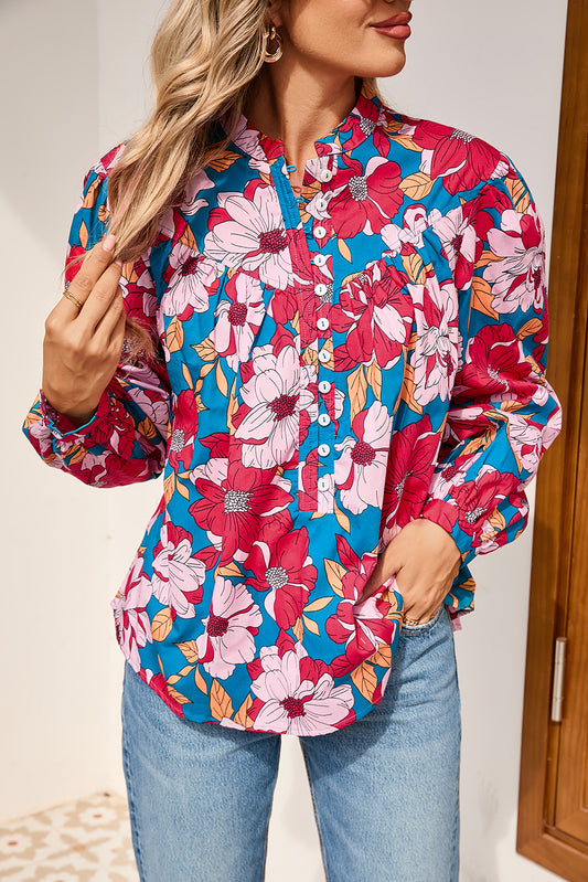 Red Floral Print Balloon Sleeve Half Buttons Blouse