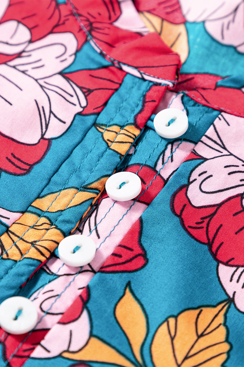 Red Floral Print Balloon Sleeve Half Buttons Blouse